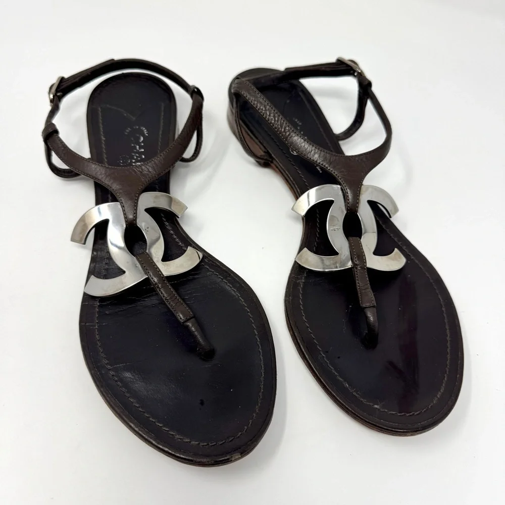 Chanel Dark Brown Leather Silver CC Logo T-Strap Thong Sandals